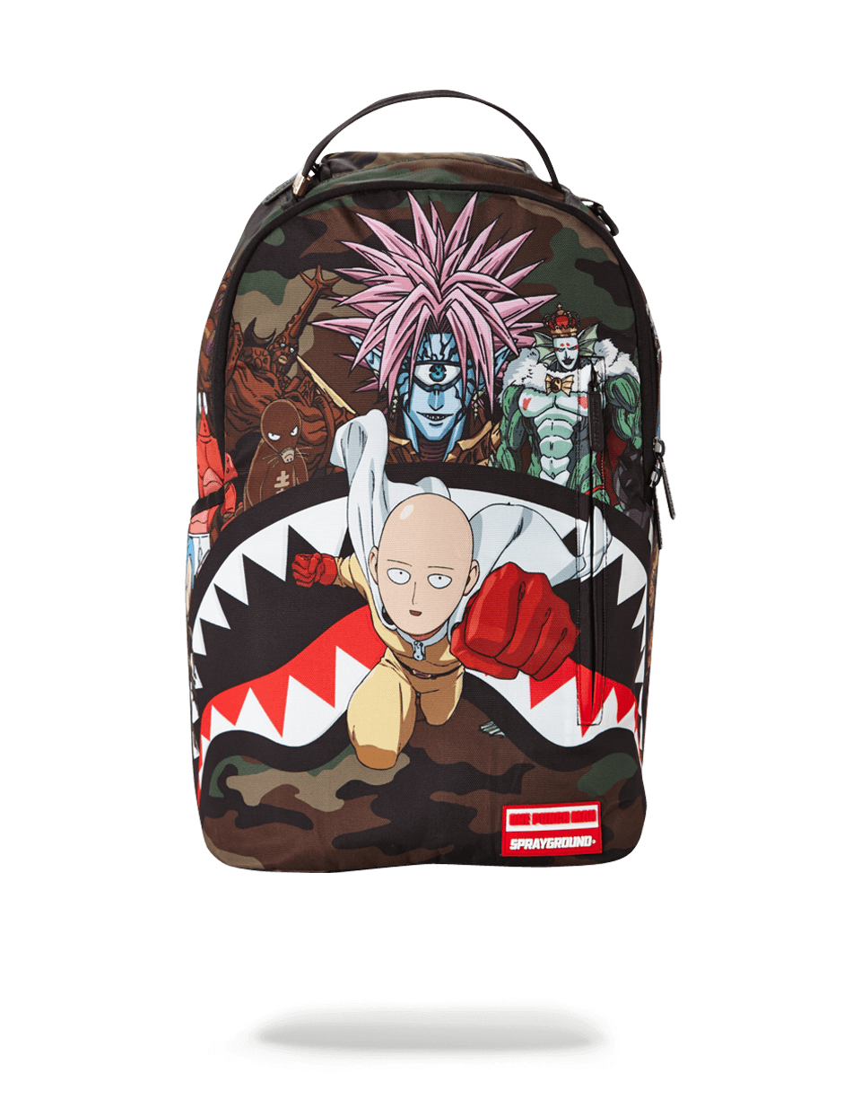 Front view of the One Punch Man backpack with adjustable straps and carry on compatibility