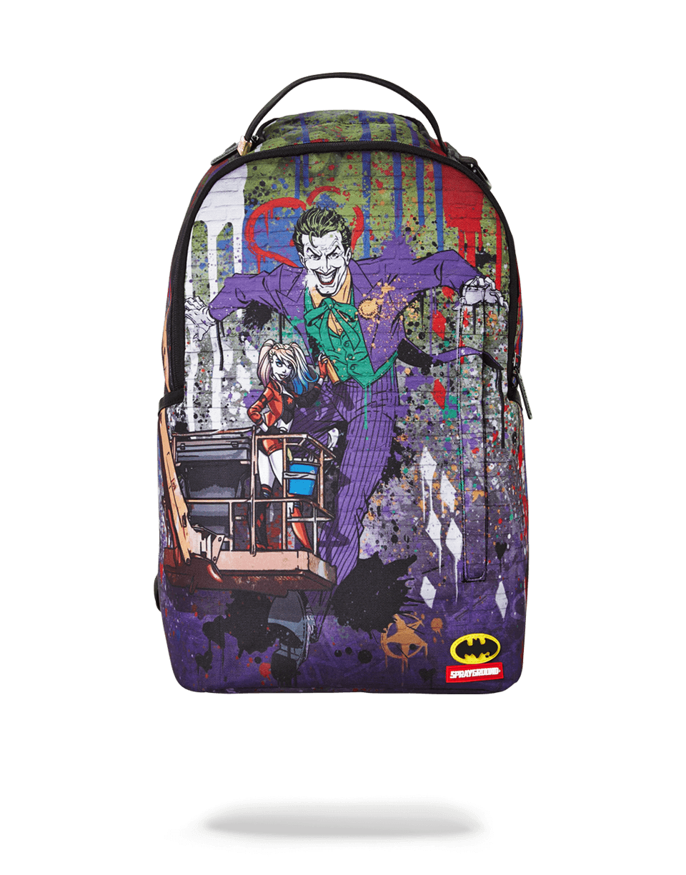 Front view of Harley Quinn Joker mural backpack with adjustable straps.
