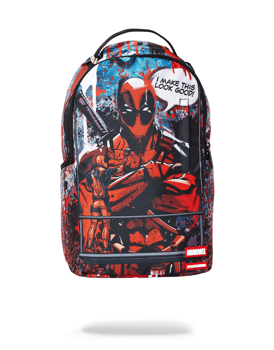 Front view of Sprayground Deadpool backpack with zipper pocket