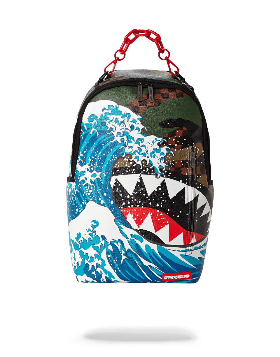 Front view of designer backpack vegan leather with wave artwork