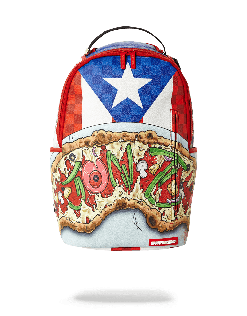 Front view of the JON Z Pizza Shark backpack with graphic design.