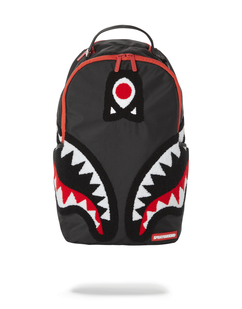 Alien Shark backpack front view with front zipper pocket and side pockets