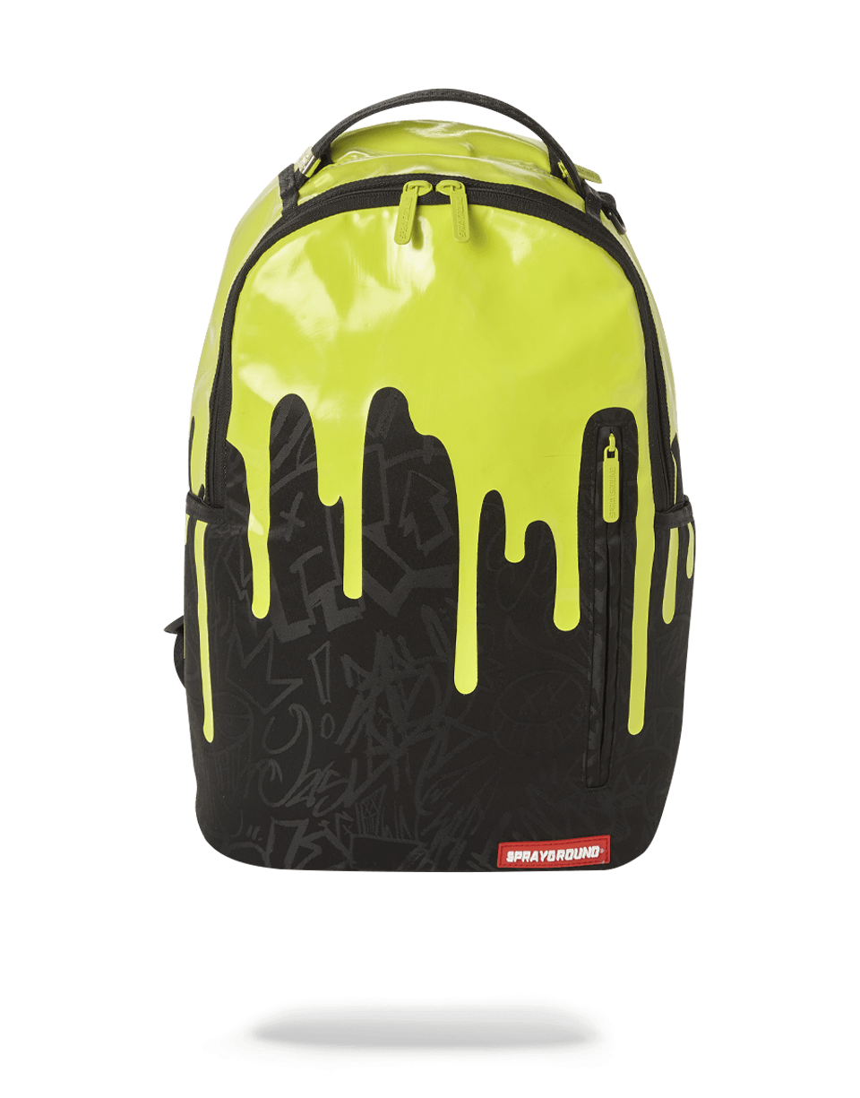 Vibrant neon drip backpack showcasing ergonomic back support and adjustable straps.