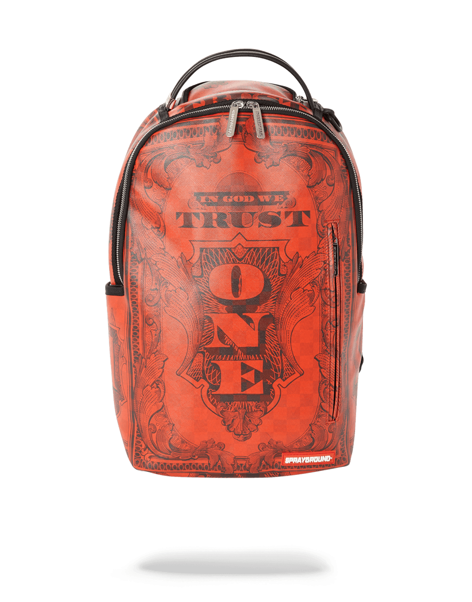 Red designer backpack with front zipper pocket and side pockets