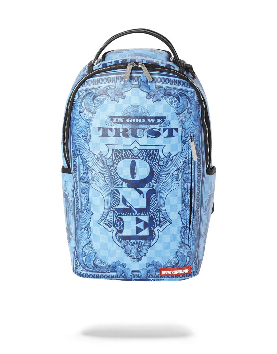 Close-up of the IN GOD WE TRUST blue designer backpack with zippered pockets