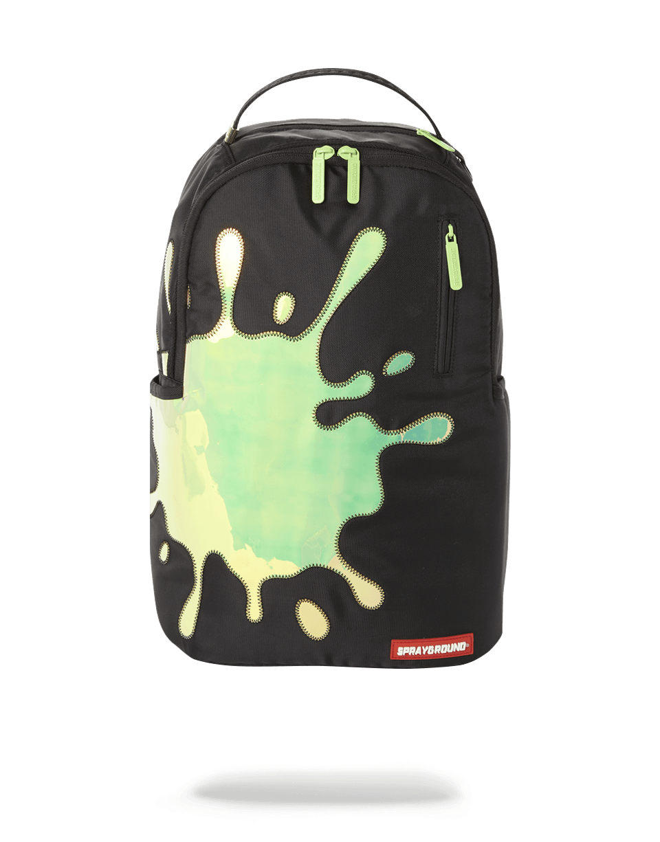 Reflective blue mirror backpack showcasing front zipper pocket and side pockets.