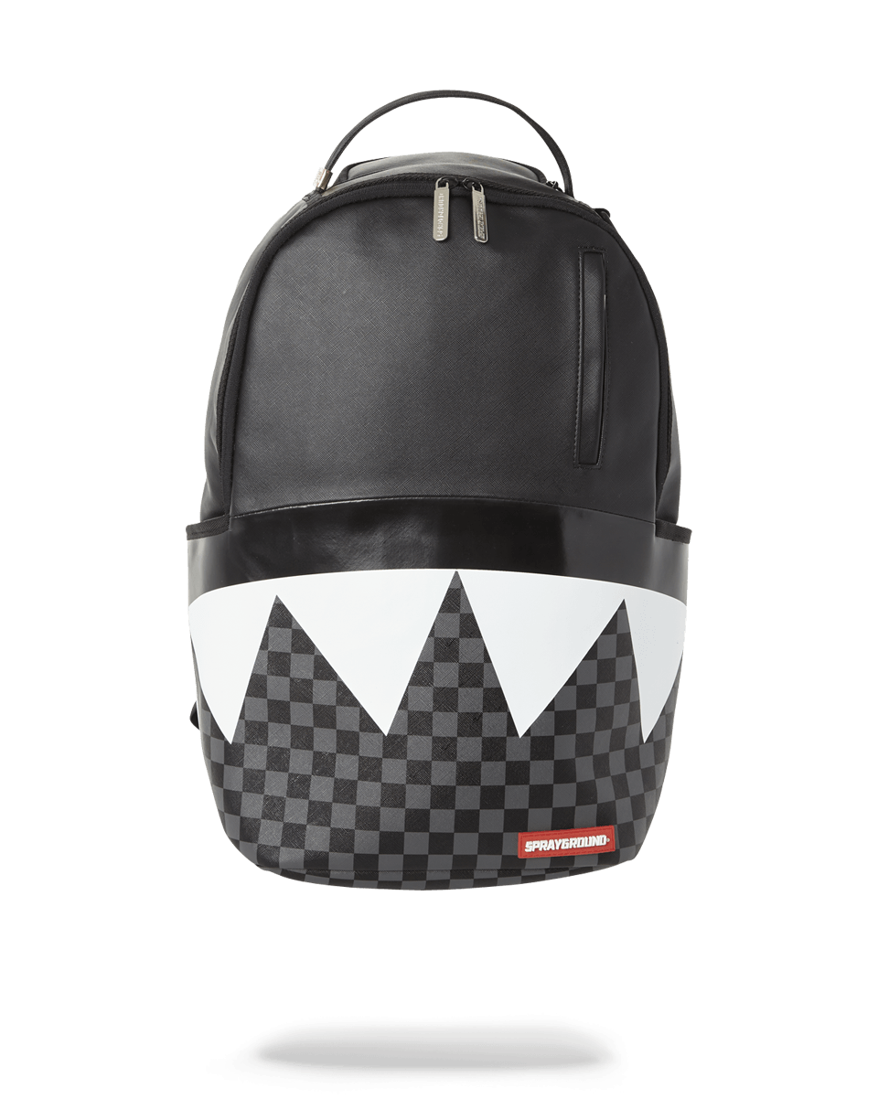 Front view of the unique Parisian Shark Backpack showcasing its stylish design.