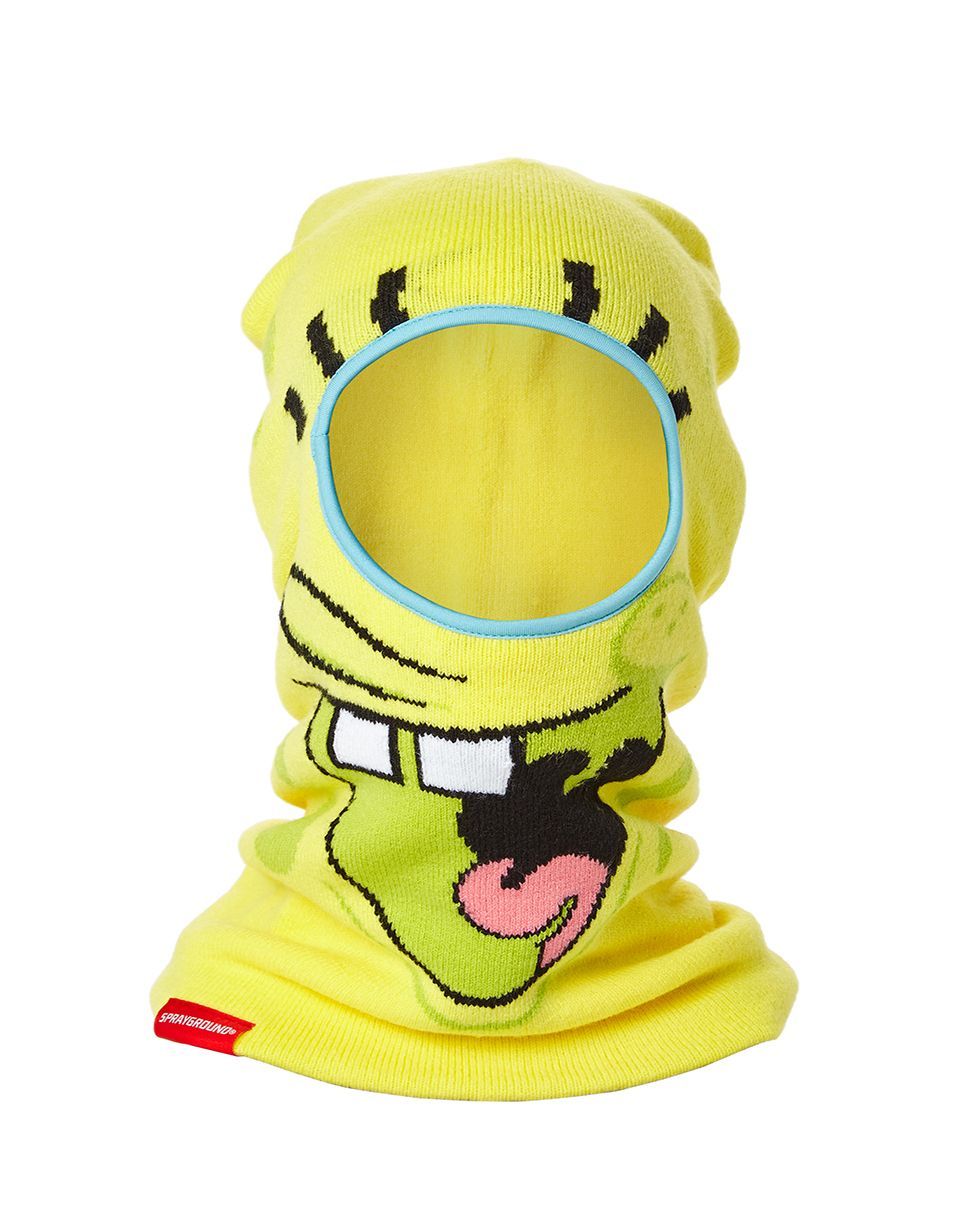 Front view of SpongeBob ski mask in winter setting.