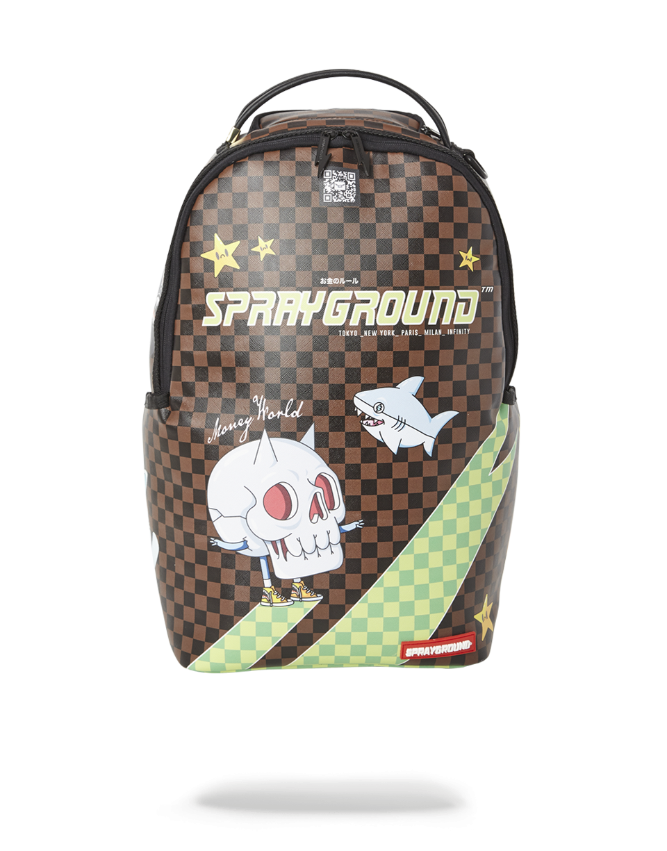 Front view of Whiskey Shark designer backpack with metal zippers and bold graphic artwork