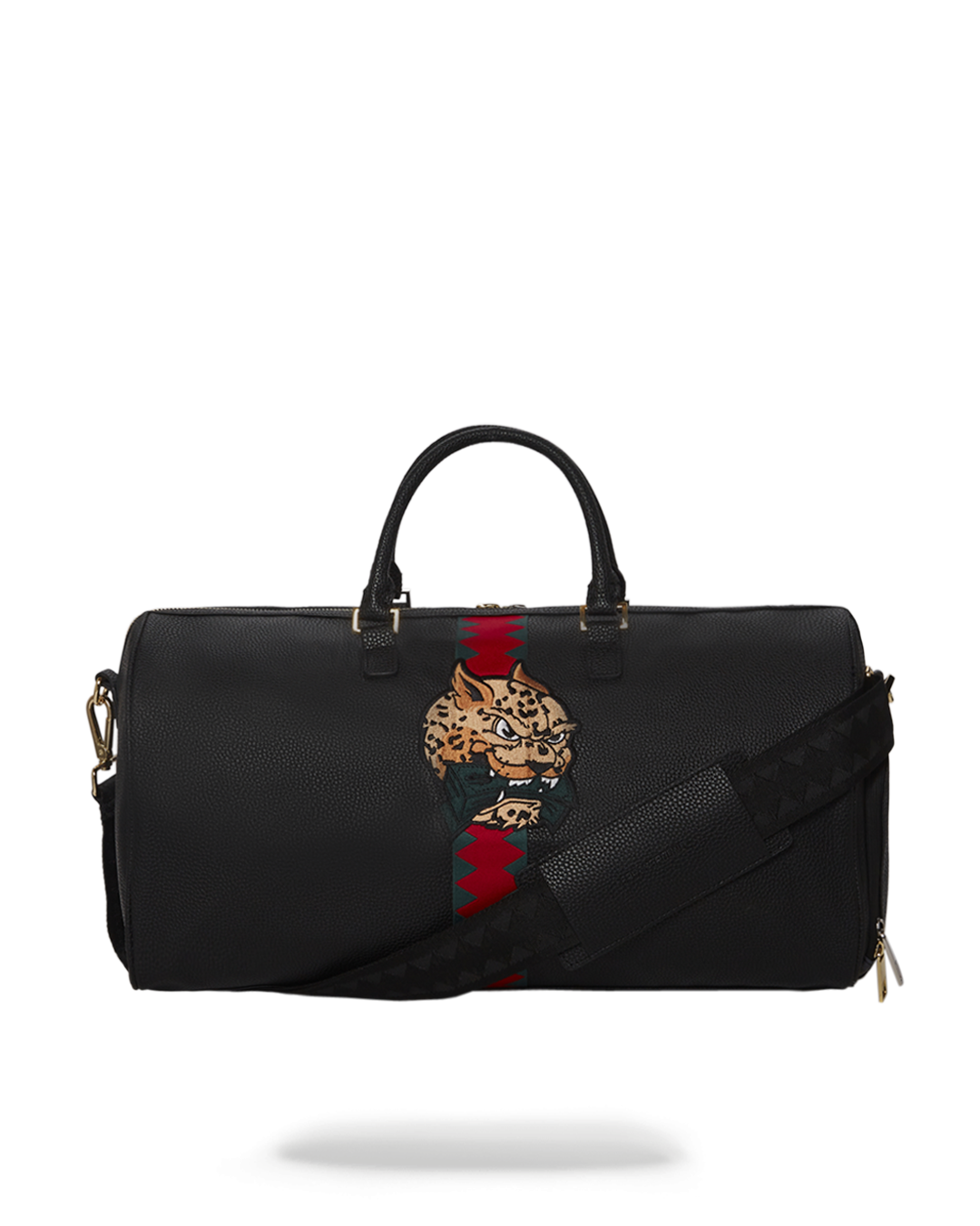 Front view of large duffle bag showing gold zippers and adjustable straps