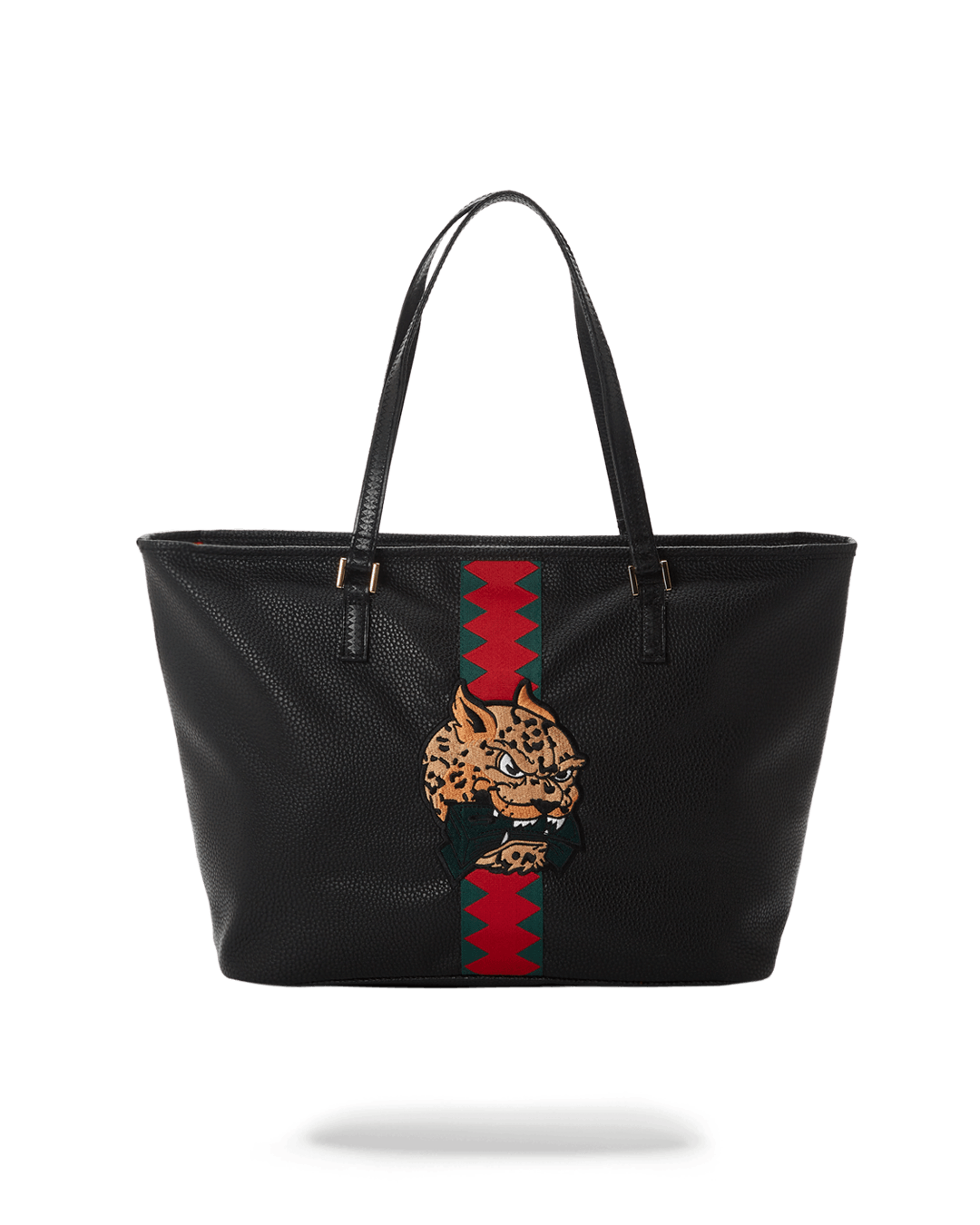 Front view of printed designer tote bag showing gold hardware and Sprayground keychain.