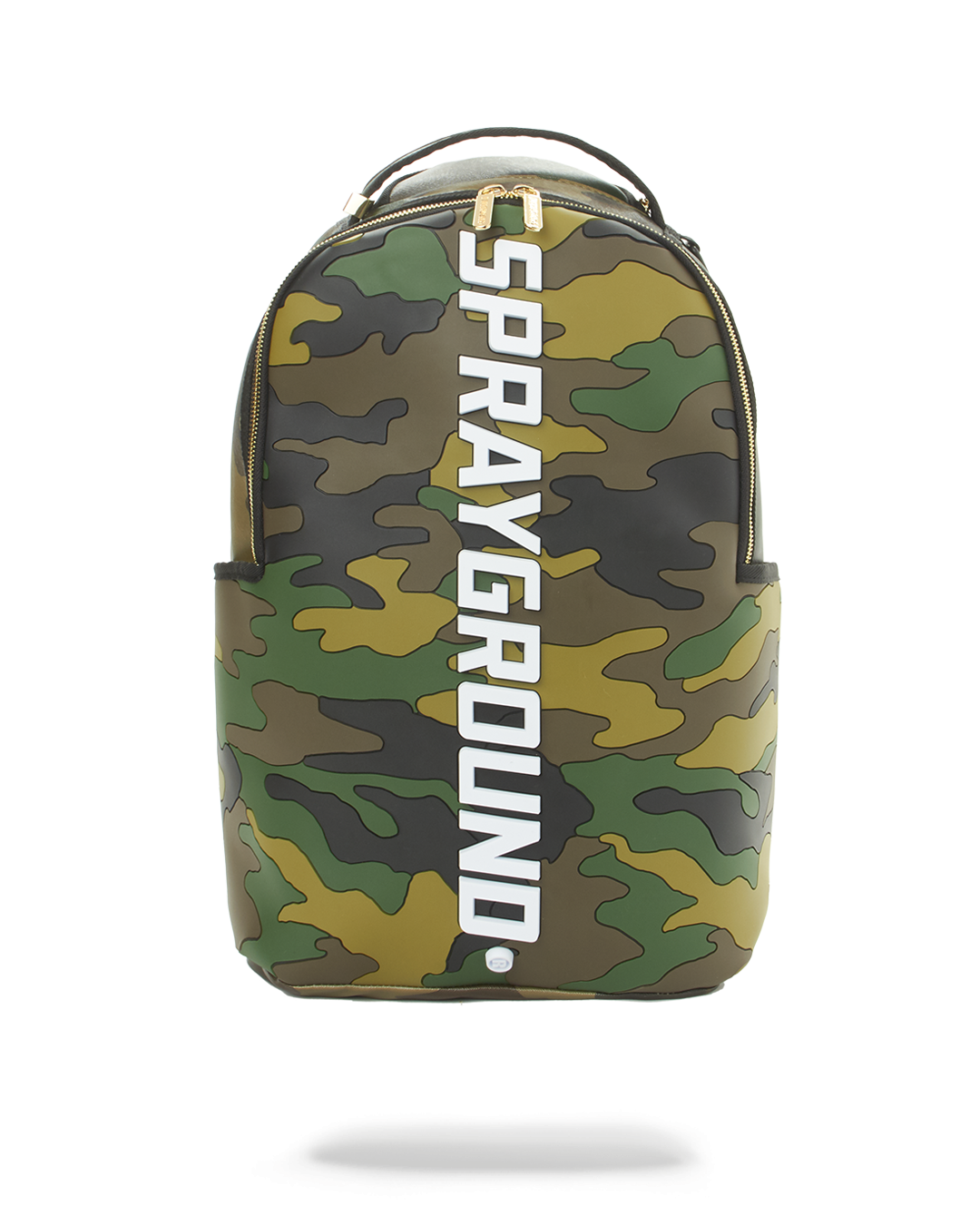 Camo leather laptop backpack worn by a woman in urban setting