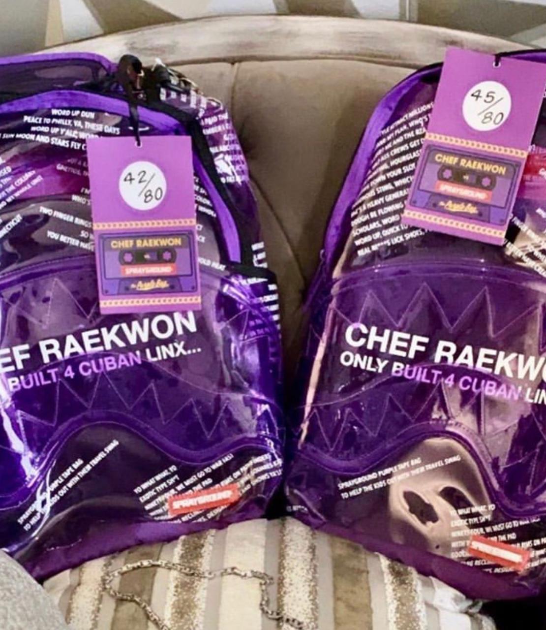 Front view of the Raekwon Purple Tape Shark backpack showing main zipper pocket