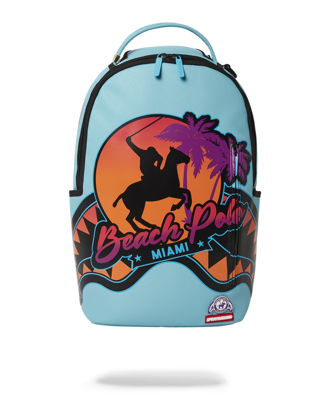 DLXV Sky backpack angled view showing front pocket and gold zipper