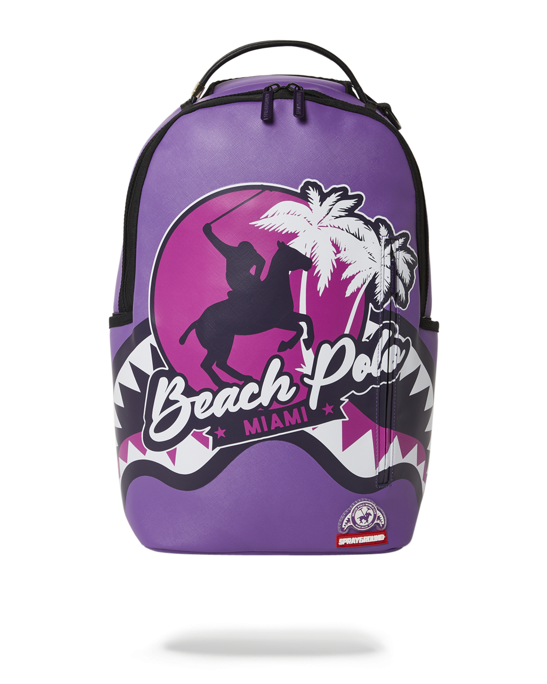 Vegan leather backpack with front zipper pocket and side pockets, ideal for daily use.