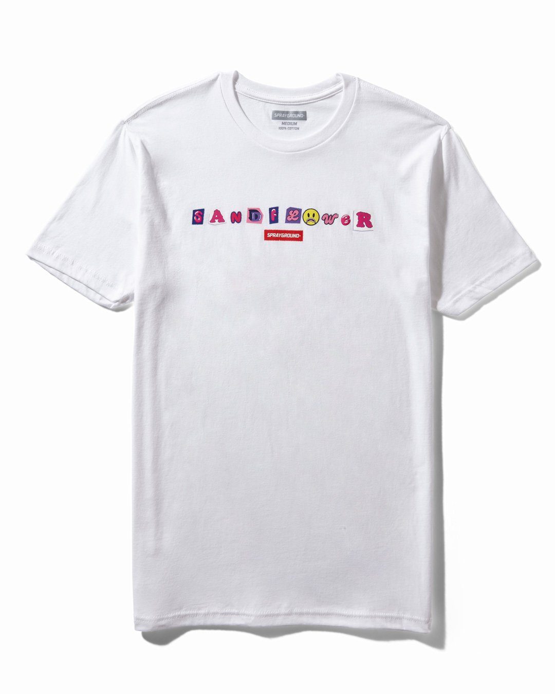 Front view of a woman wearing the Vibe Check Graphic Tee in white, showcasing the Sandflower logo.