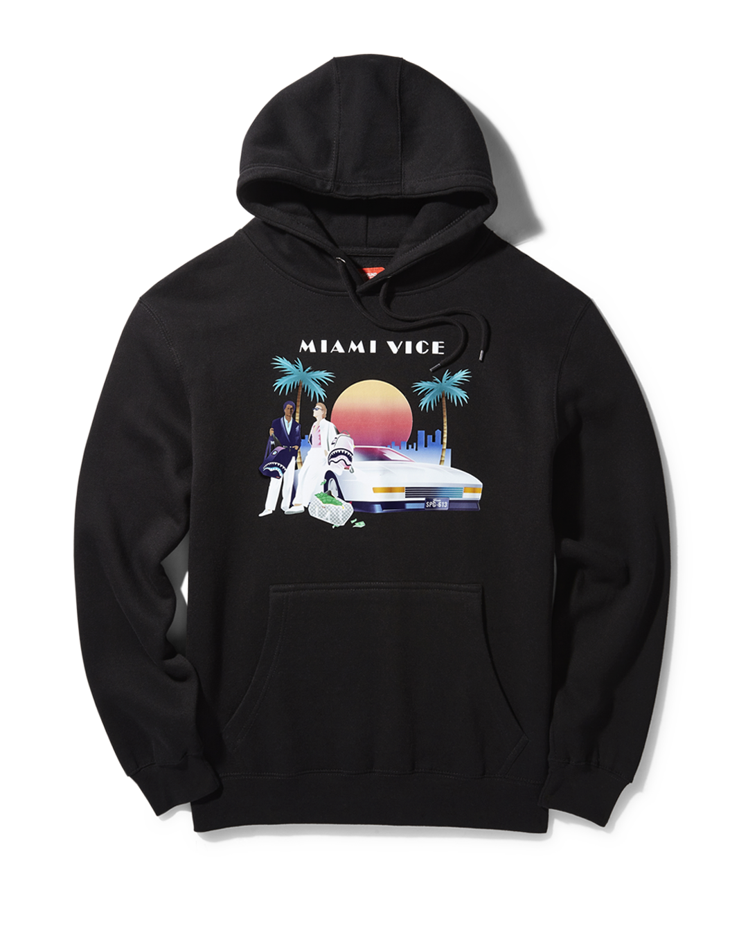 Front view of Miami Vice black cotton hoodie showcasing kangaroo pocket.