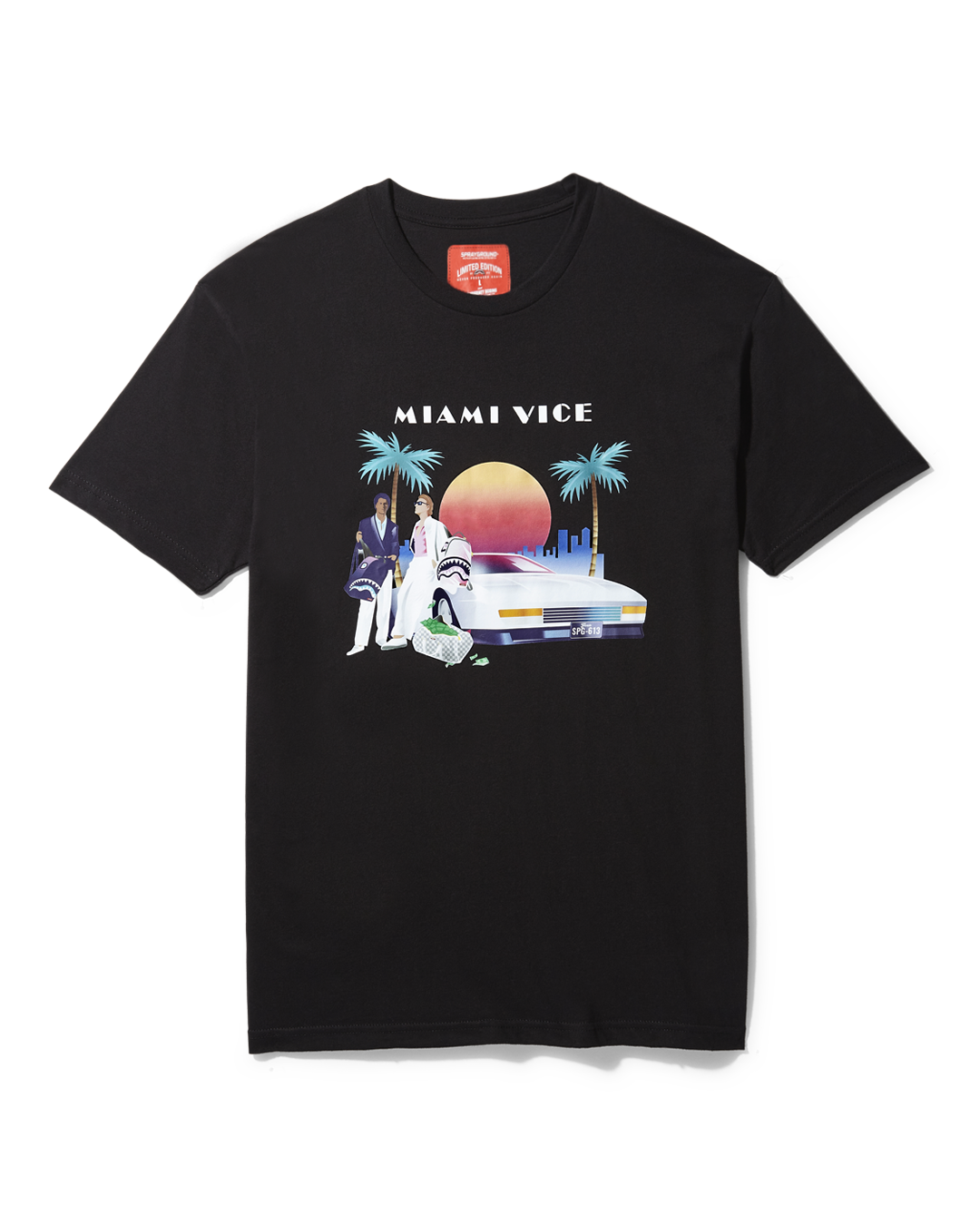 Front view of Miami Vice graphic tee on mannequin showing full design