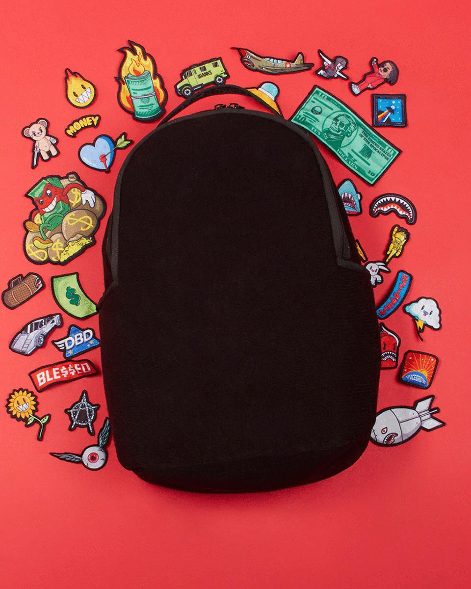 Custom velcro patch backpack showcasing patches and side pockets.