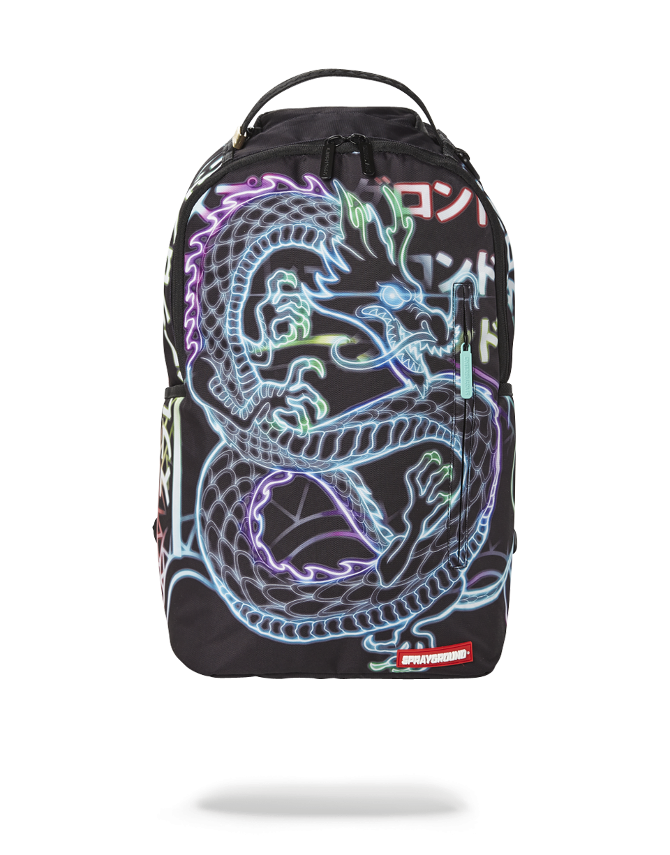 Front view of Sprayground Nite Dragon backpack showing glow effect