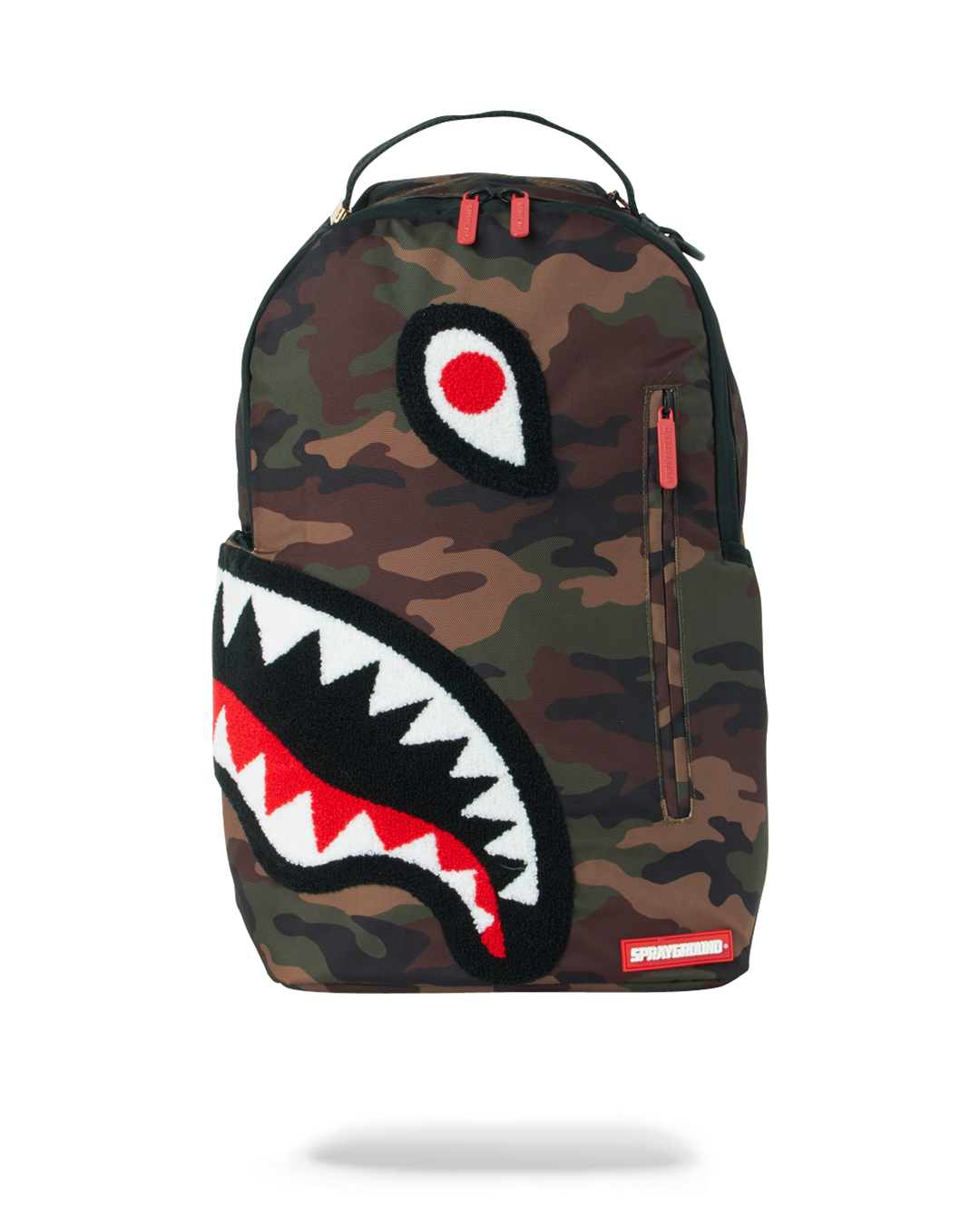 Camo Shark Mouth Sprayground Backpack showcasing front and side pockets.