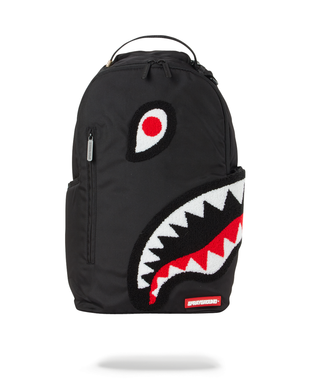 Front view of the shark design travel backpack showcasing its pockets and features.