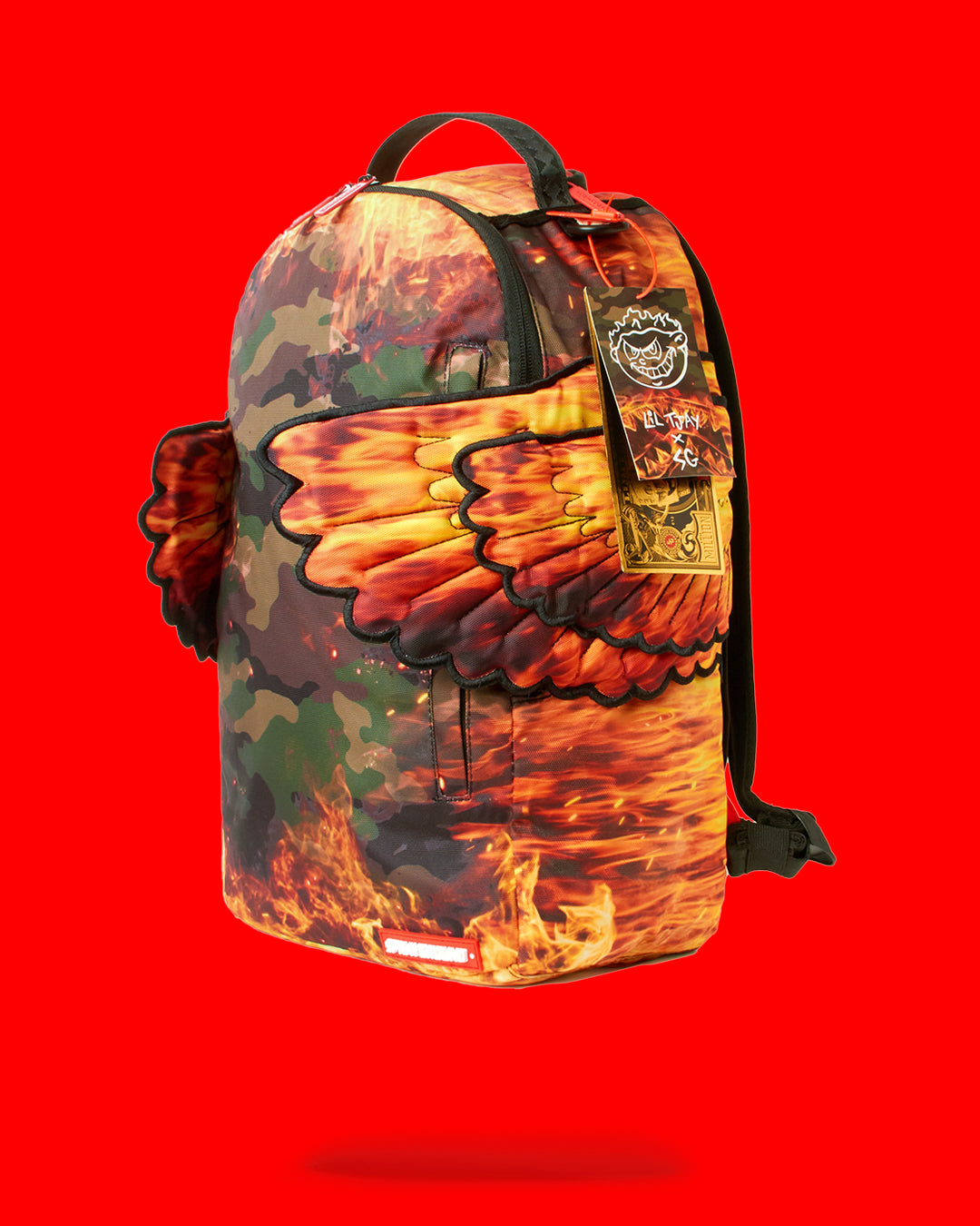Lil Tjay backpack displayed at an angle, showcasing its 4-wing design and zippered pockets