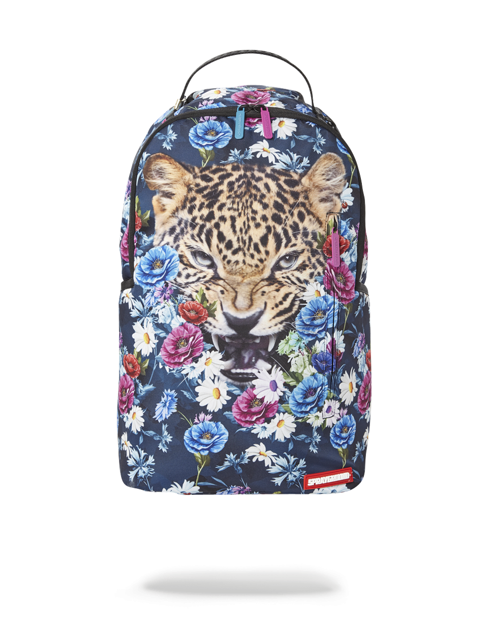 Leopard print baby backpack with front zipper pocket and side pockets, ideal for kids' travel.