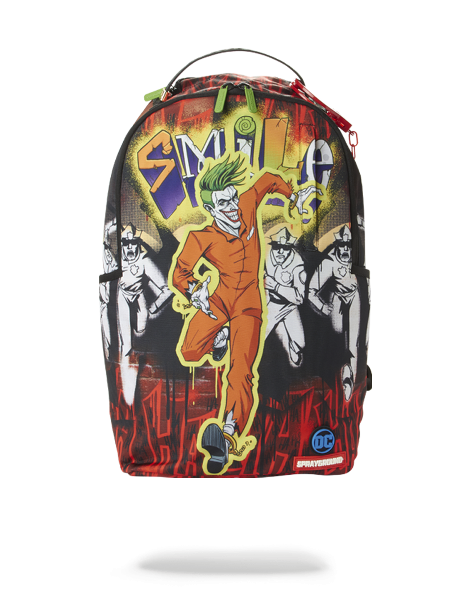 Front view of The Joker backpack showing green zippers and metal hardware