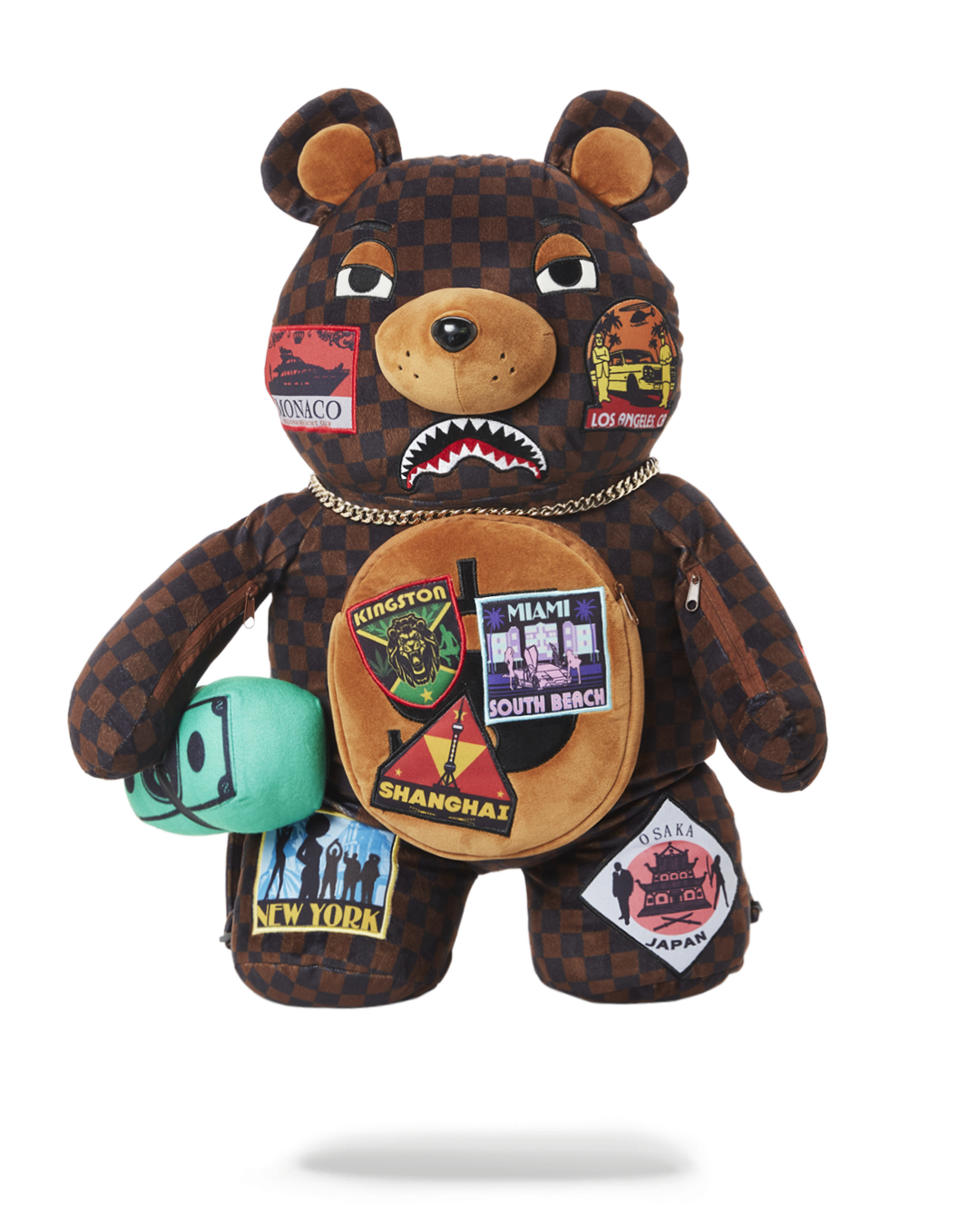 Front view of teddy bear backpack with gold necklace and global patch designs