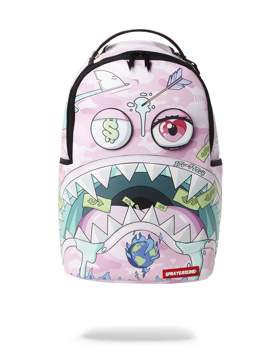 Sprayground pink vegan leather backpack front view with metal 'Sprayground Authentic' badge