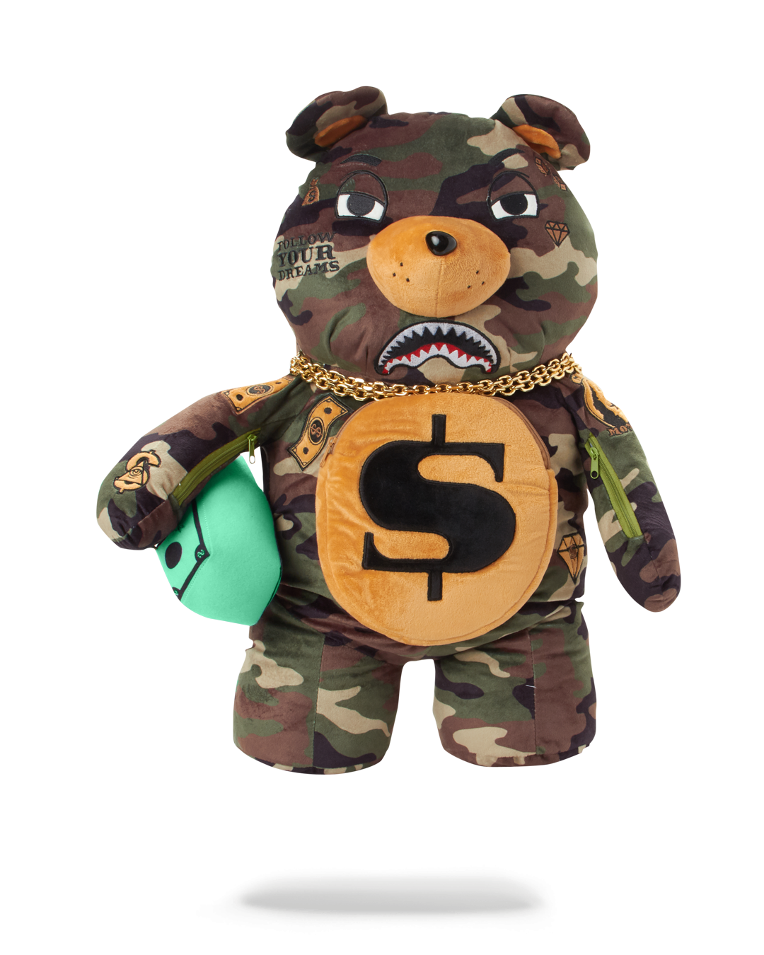 Close-up of the plush teddy bear backpack with gold necklaces and zippered pockets