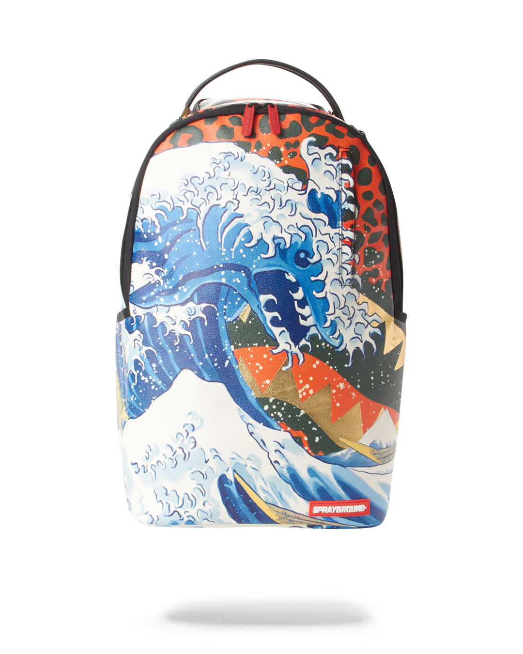 Front view of Dragon Wave vegan leather travel backpack with red zippers.