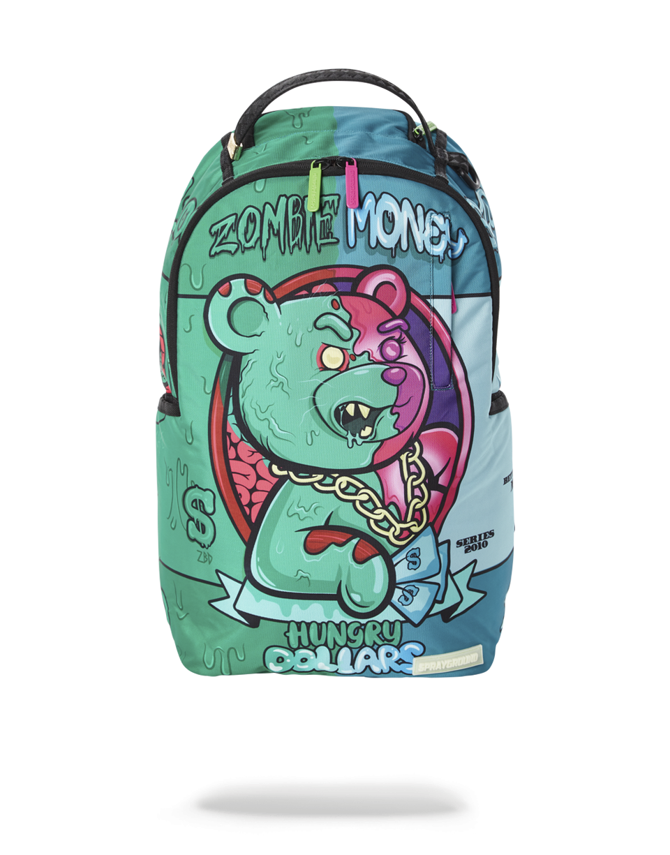 Front view of the Hungry Dollars backpack with colorful zippers and metal badge