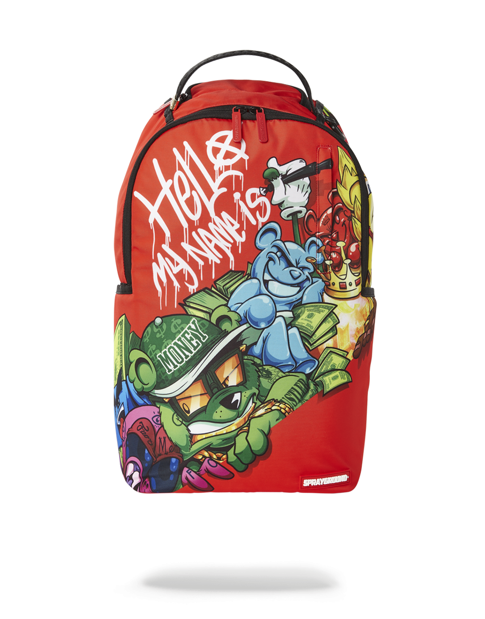 Front view of bounce house backpack showing red zippers and Sprayground badge