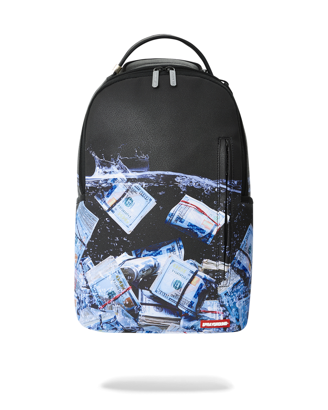 Front view of the Urban Luxe faux leather laptop backpack with gold zippers.