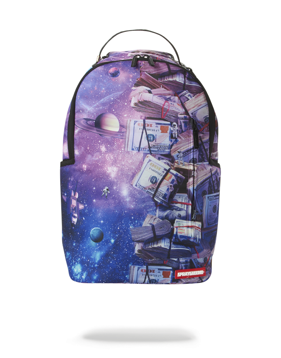 Front view of the Sprayground backpack pink with zipper pocket.