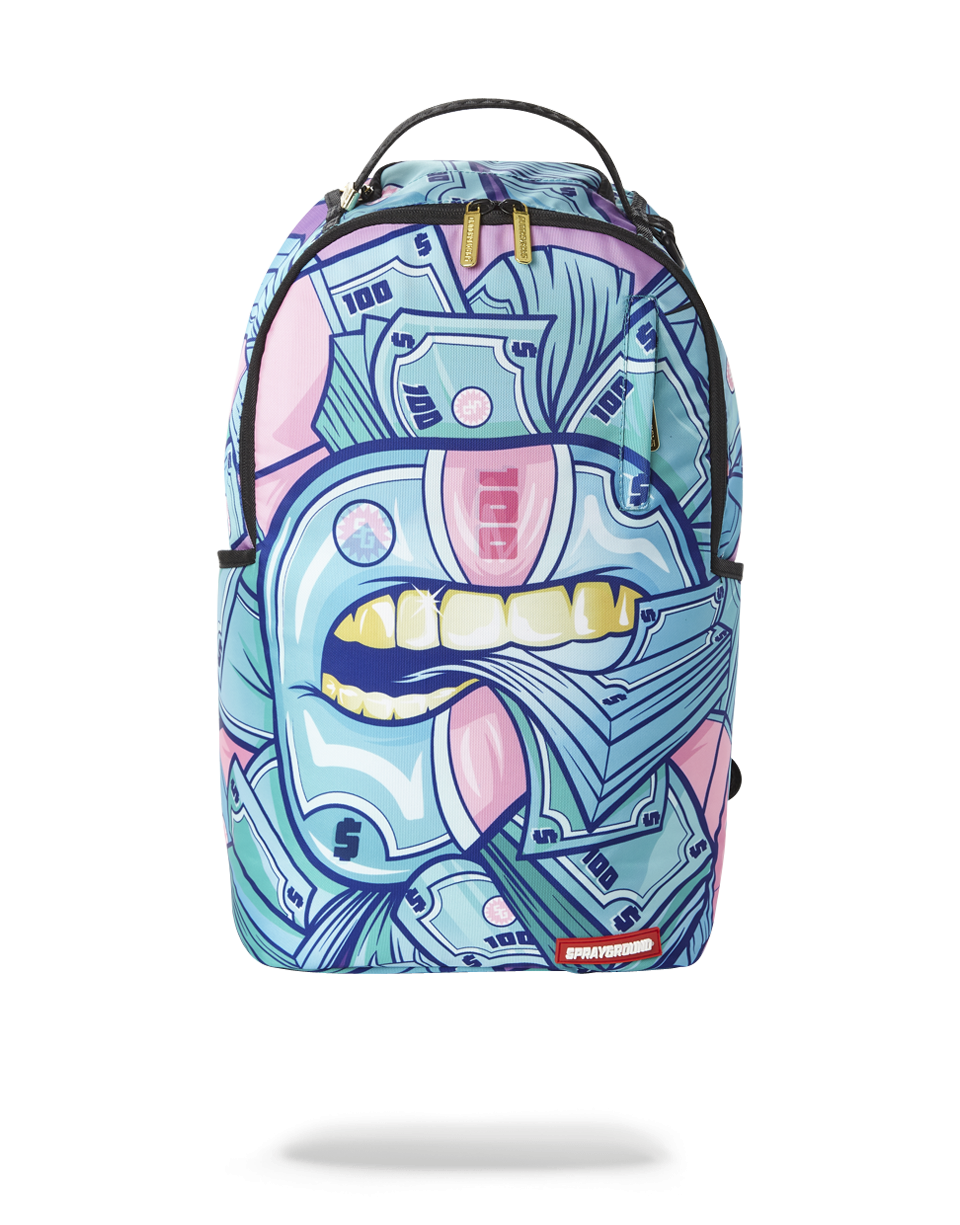 Sprayground Brunch Money Backpack front view, highlighting the front zipper pocket and side pockets.