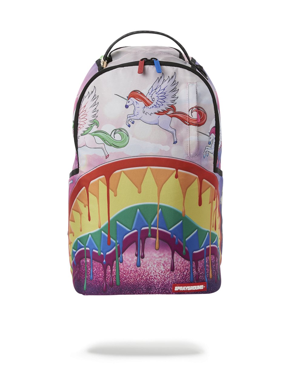 Front view of the Rainbow Dreams Sprayground backpack, showcasing vibrant colors.