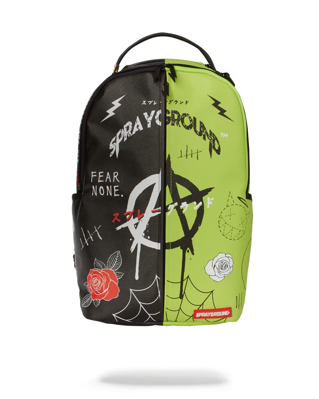 Vegan leather backpack with lightning bolt zippers on city street, stylish and water-resistant