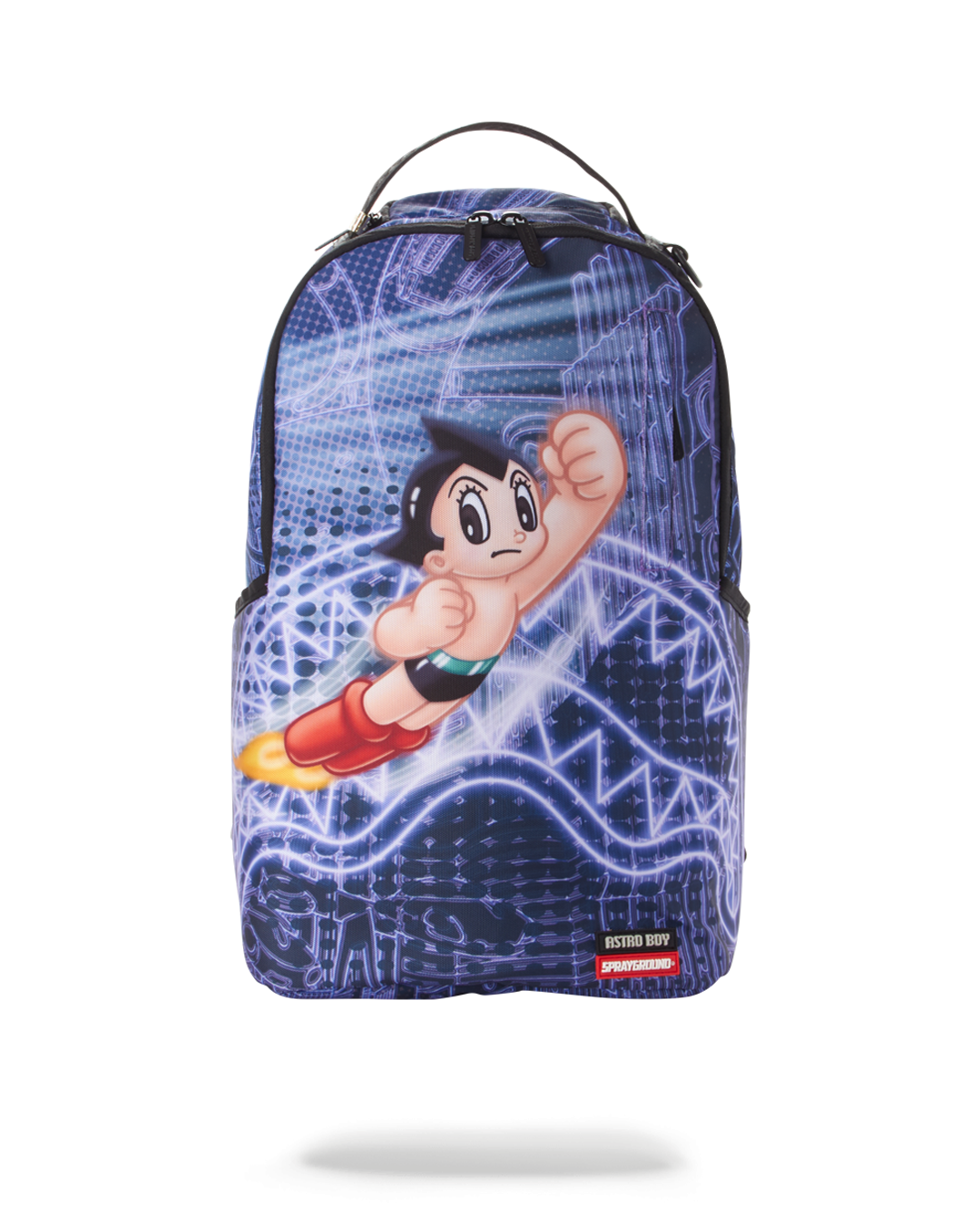 Front view of Astro Boy Made Ready Travel Backpack showing spacious compartments and metal badge