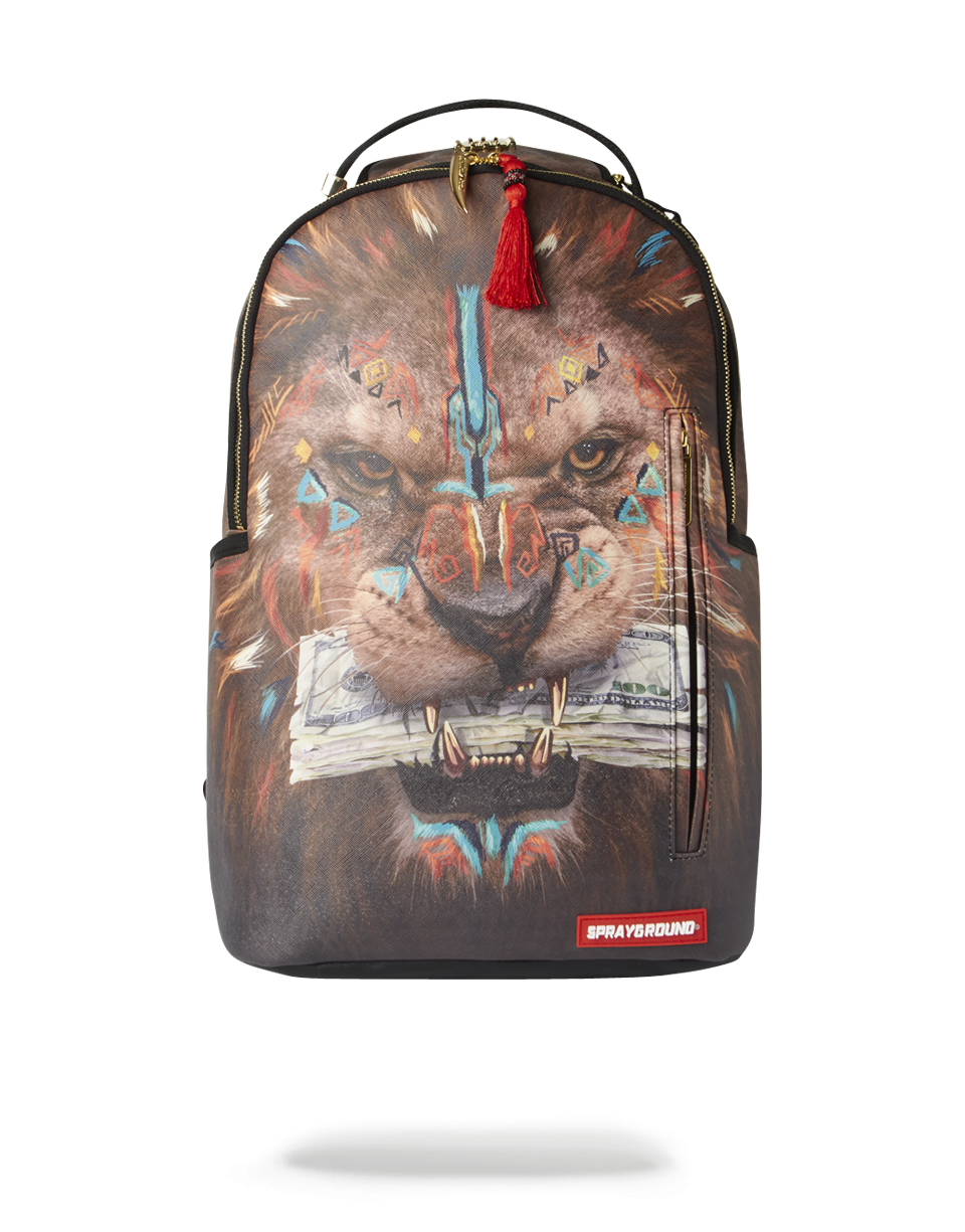 Front view of the Lion Backpack highlighting vegan leather material and gold zipper details