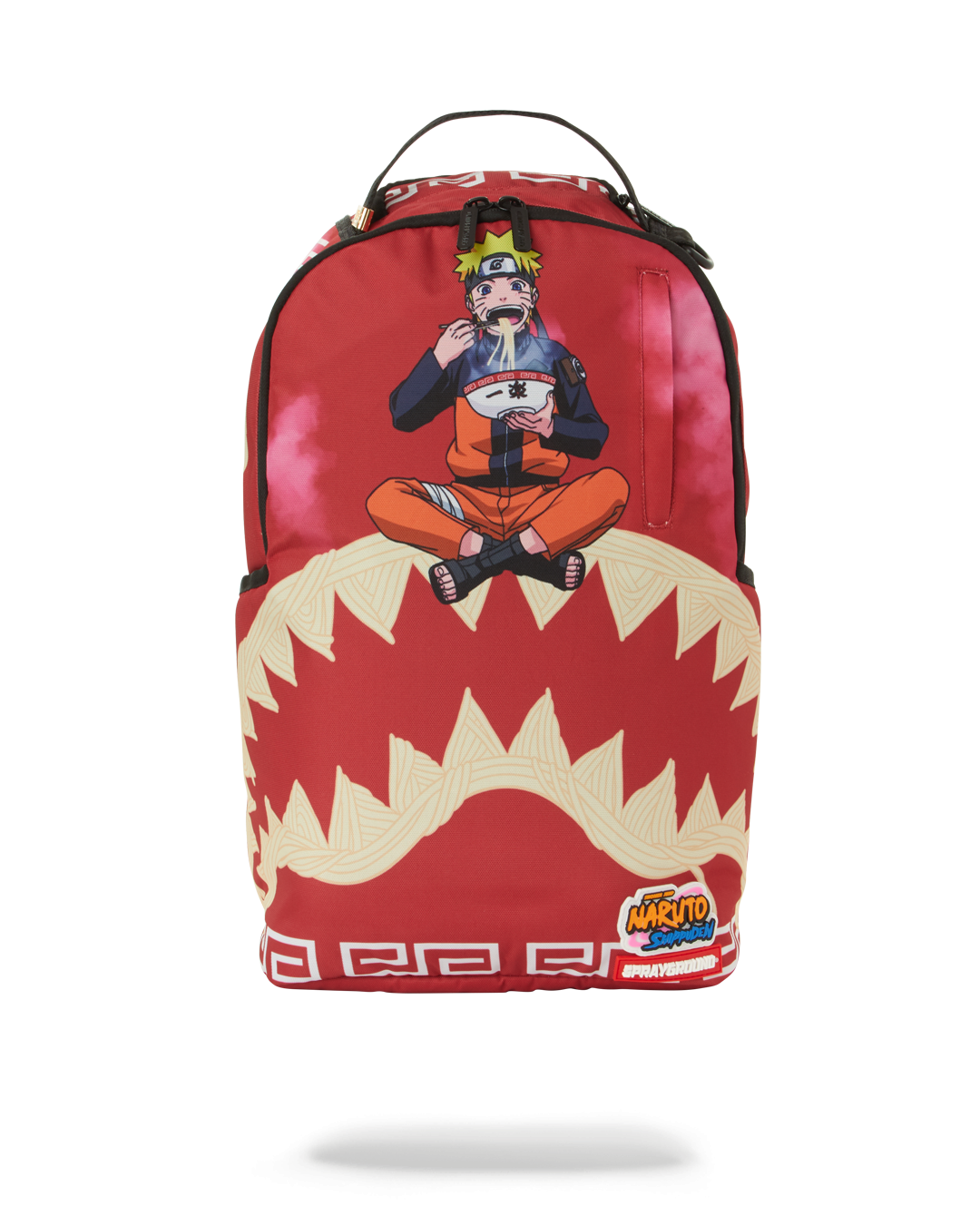 Front view of pink Sprayground backpack with Naruto ramen shark graphic