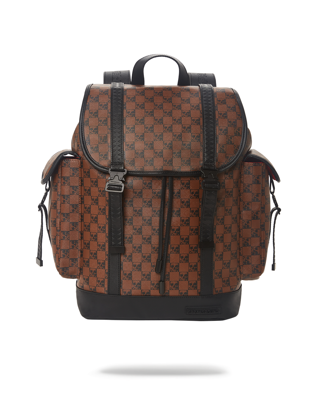 Front view of the designer backpack showing enamel buckle and streetwear design