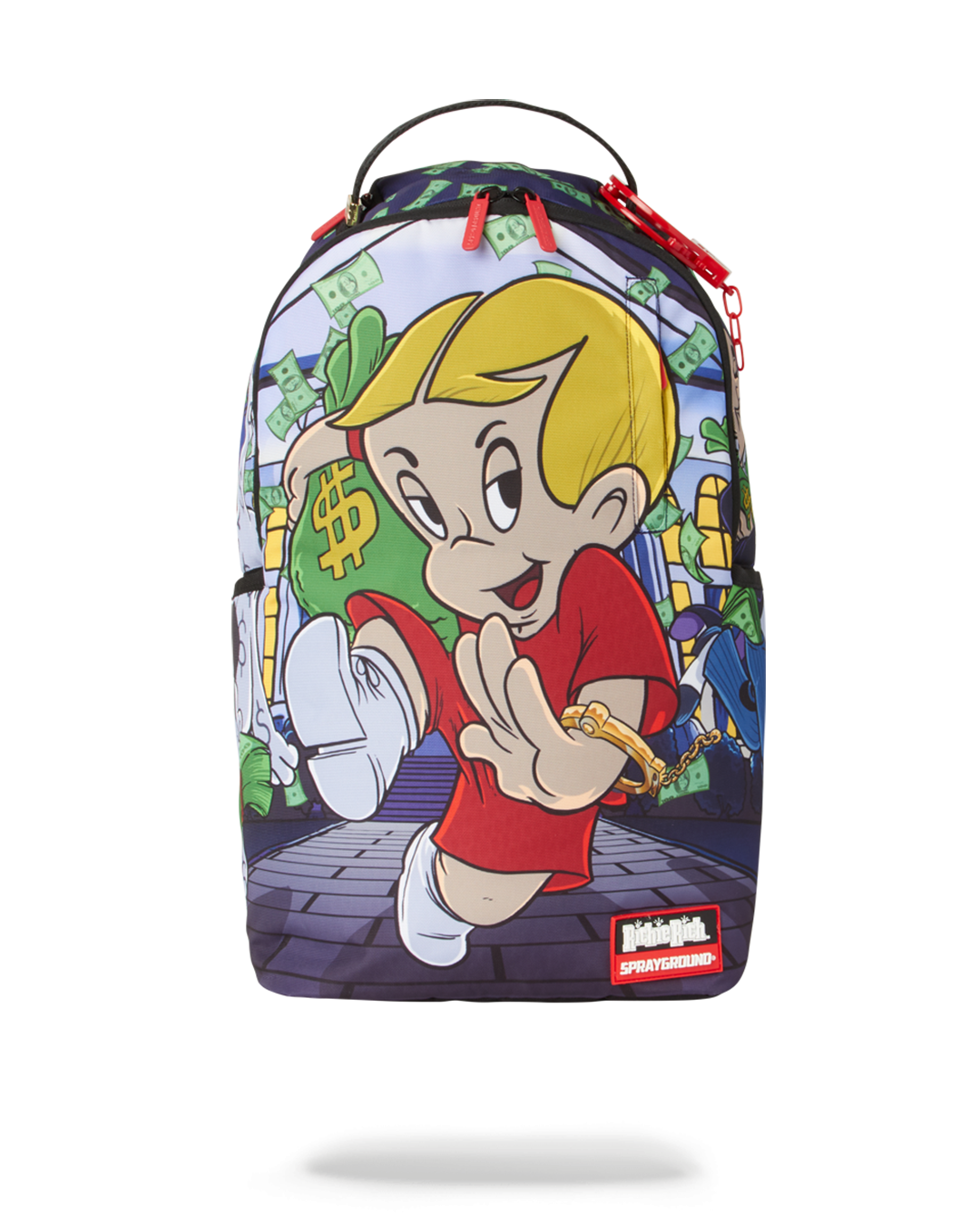 Close-up of the RICHIE RICH backpack’s front zipper pocket and bold design