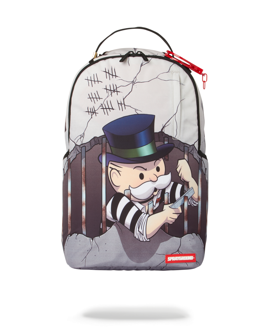Sprayground Monopoly Prison Break backpack front view, highlighting the Monopoly theme and Prison Break details.
