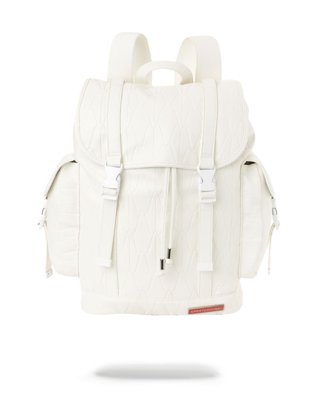 Front view of the vegan leather backpack with top flap and buckles