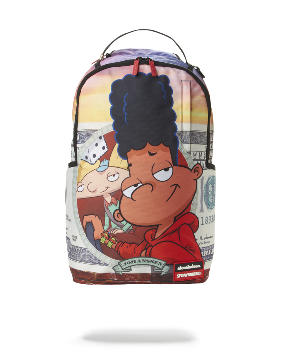 Front view of the Hey Arnold Cruisin Backpack showing water-resistant fabric and colorful design