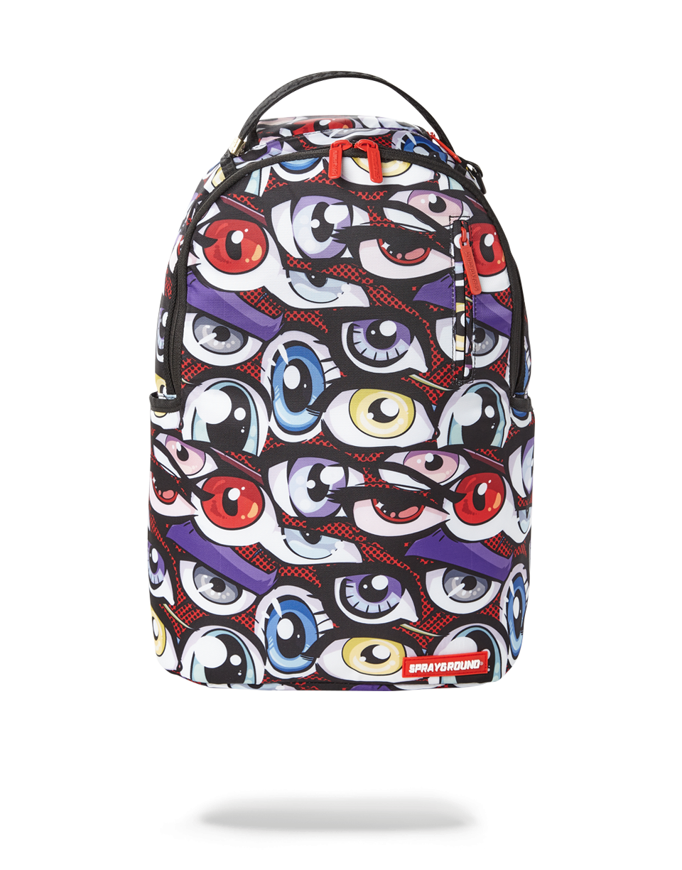 Front view of Skyline Luxe designer backpack showing red hardware and zippered compartments
