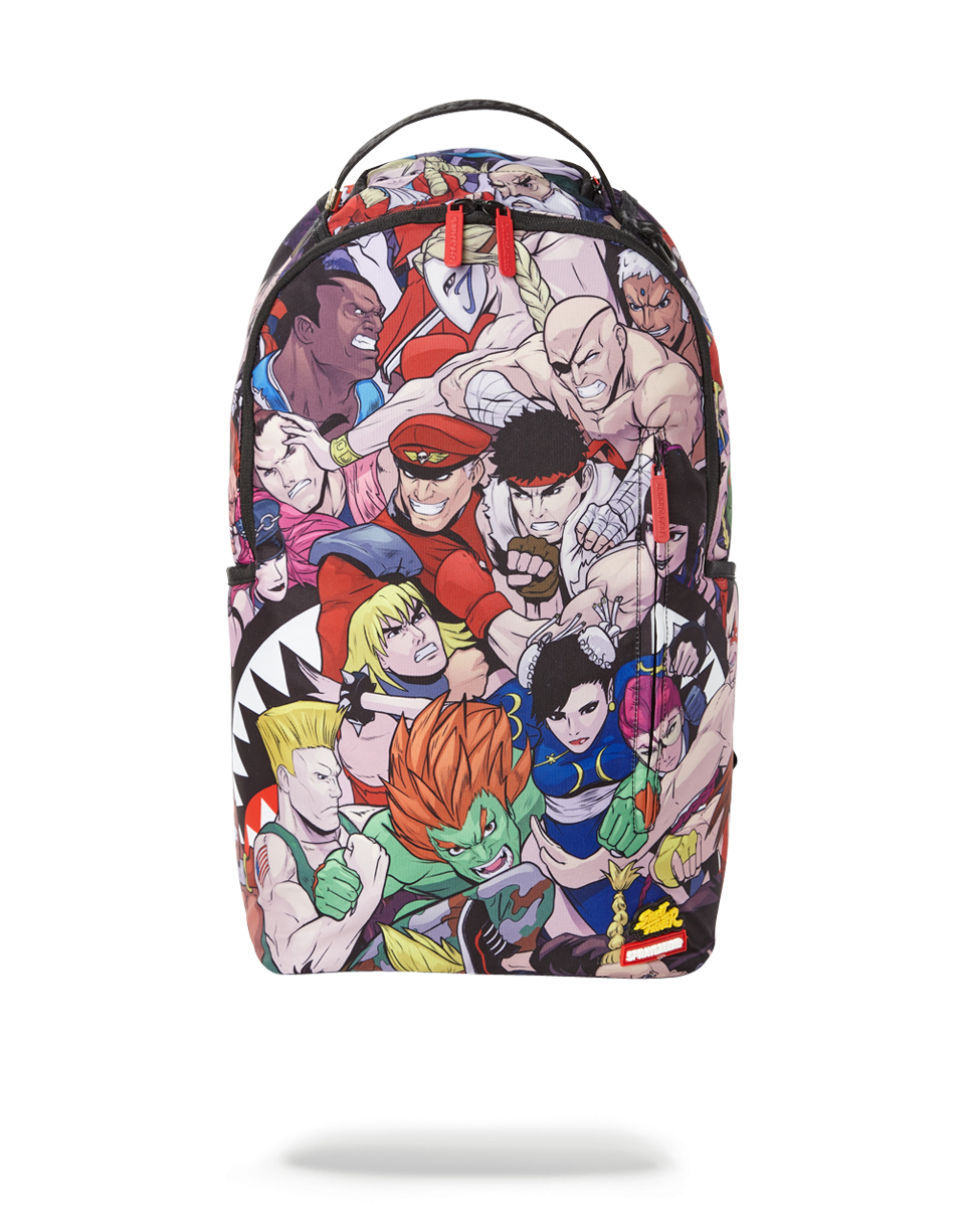Street Fighter Mashup Backpack by Sprayground in pink, front view with multiple pockets